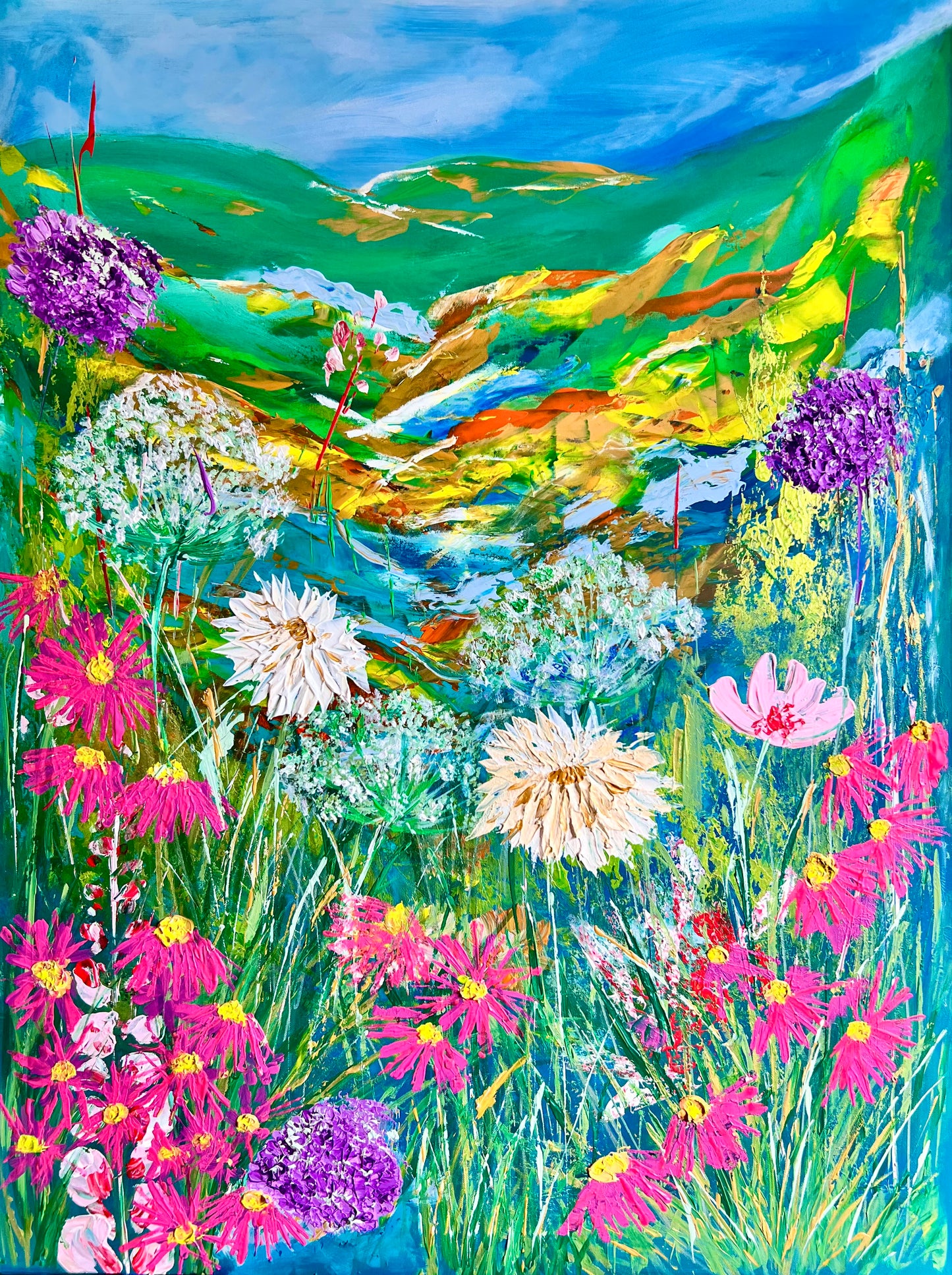 “Valley of Vibrant Blooms” Large texture wildflowers painting