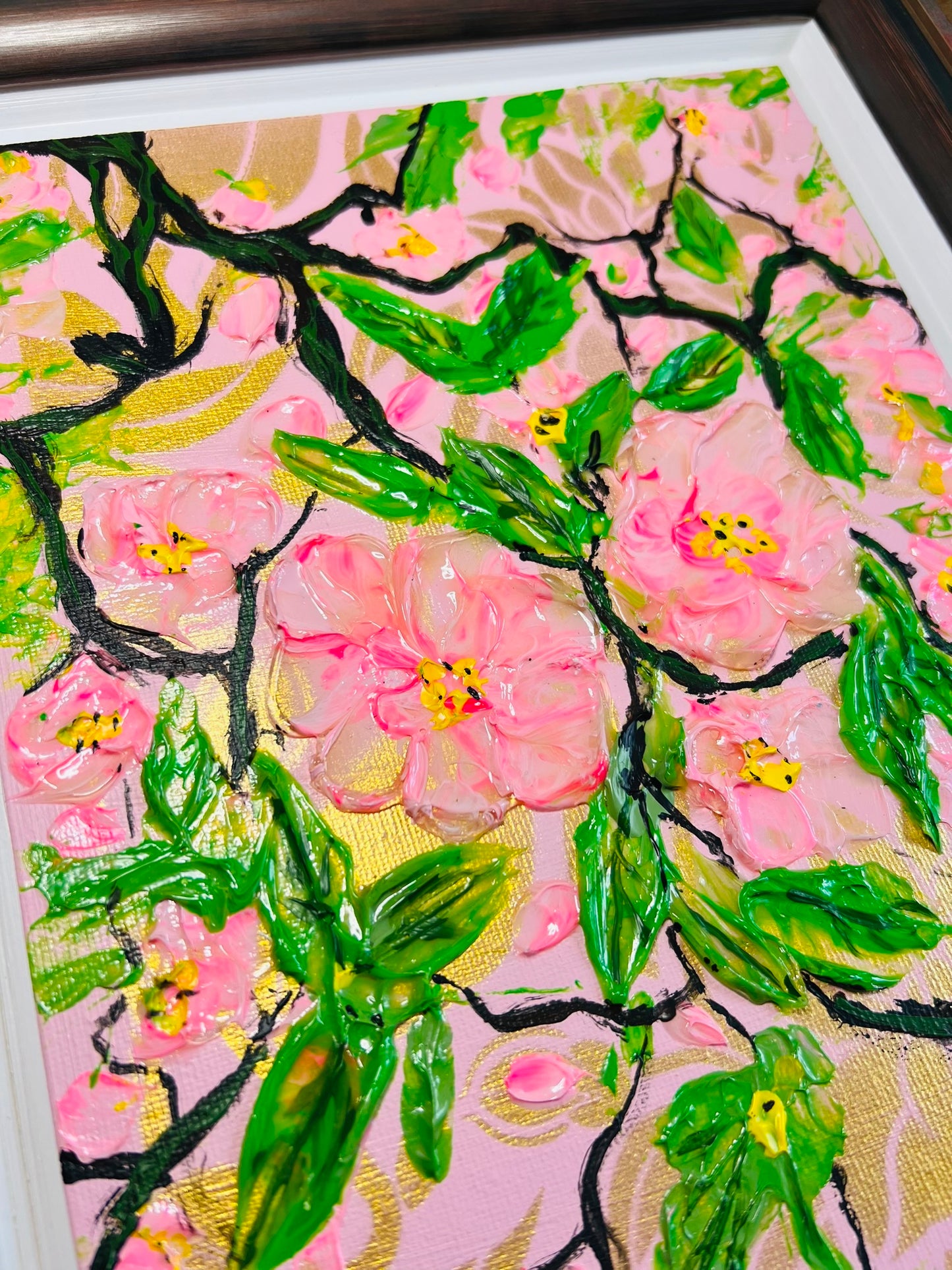 SPRING IS HERE painting with golden background and textured cherry blossomed
