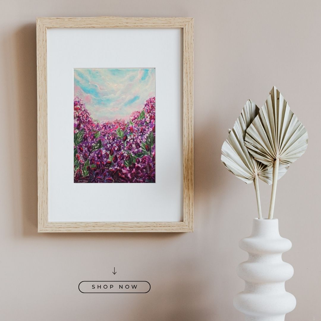 Purple Phacelia wildflowers field  Heavy 3D textured artwork 8x10in Framed