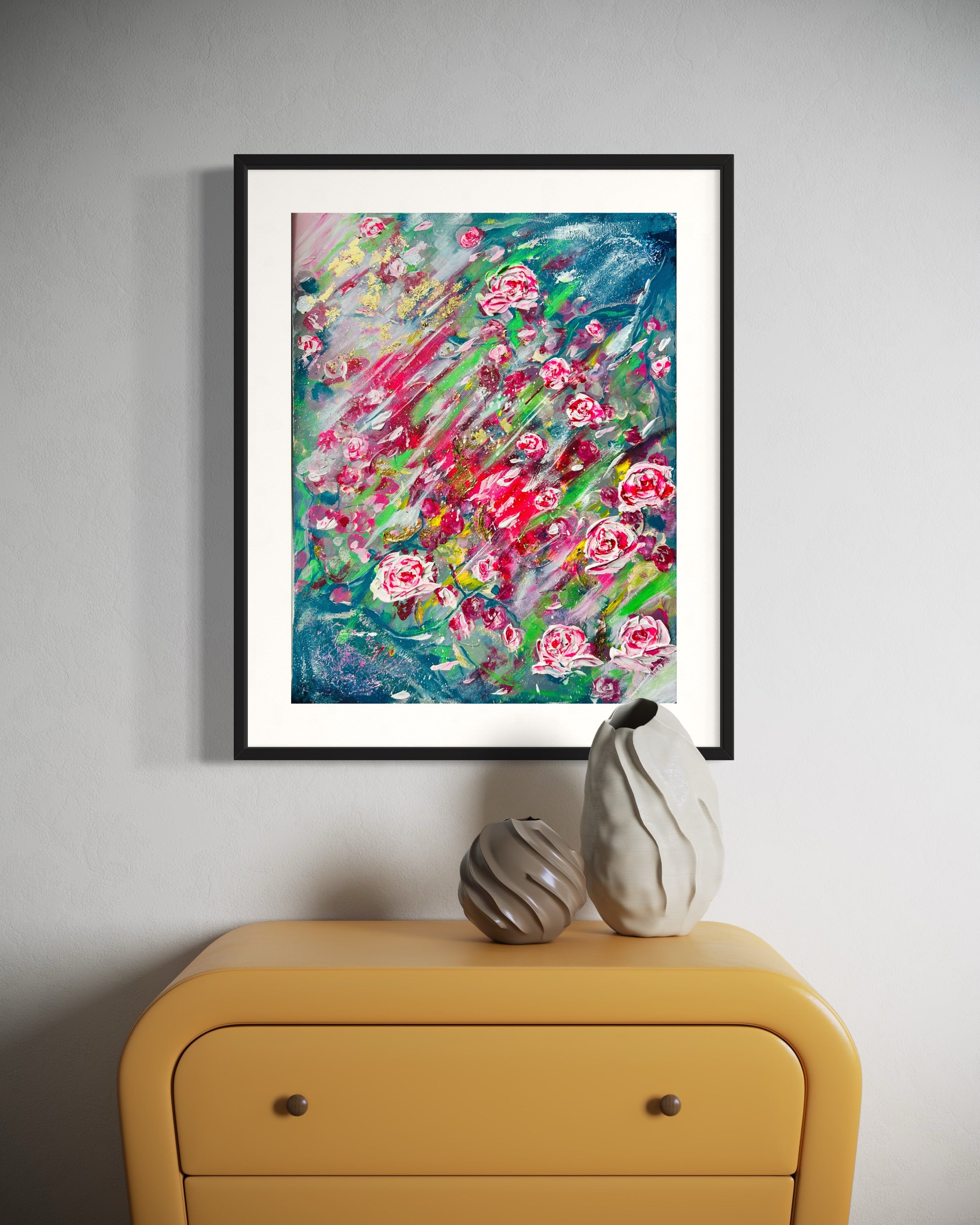 Elegant Zen Rose Impressionist Pink Roses Textured Floral Painting 3D ART