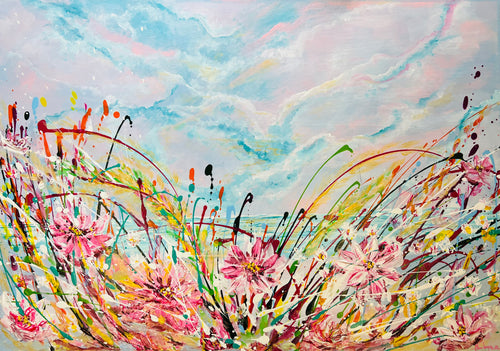 A6 GREETING CARD - BEACH FLOWERS MEADOW PINK BLUE