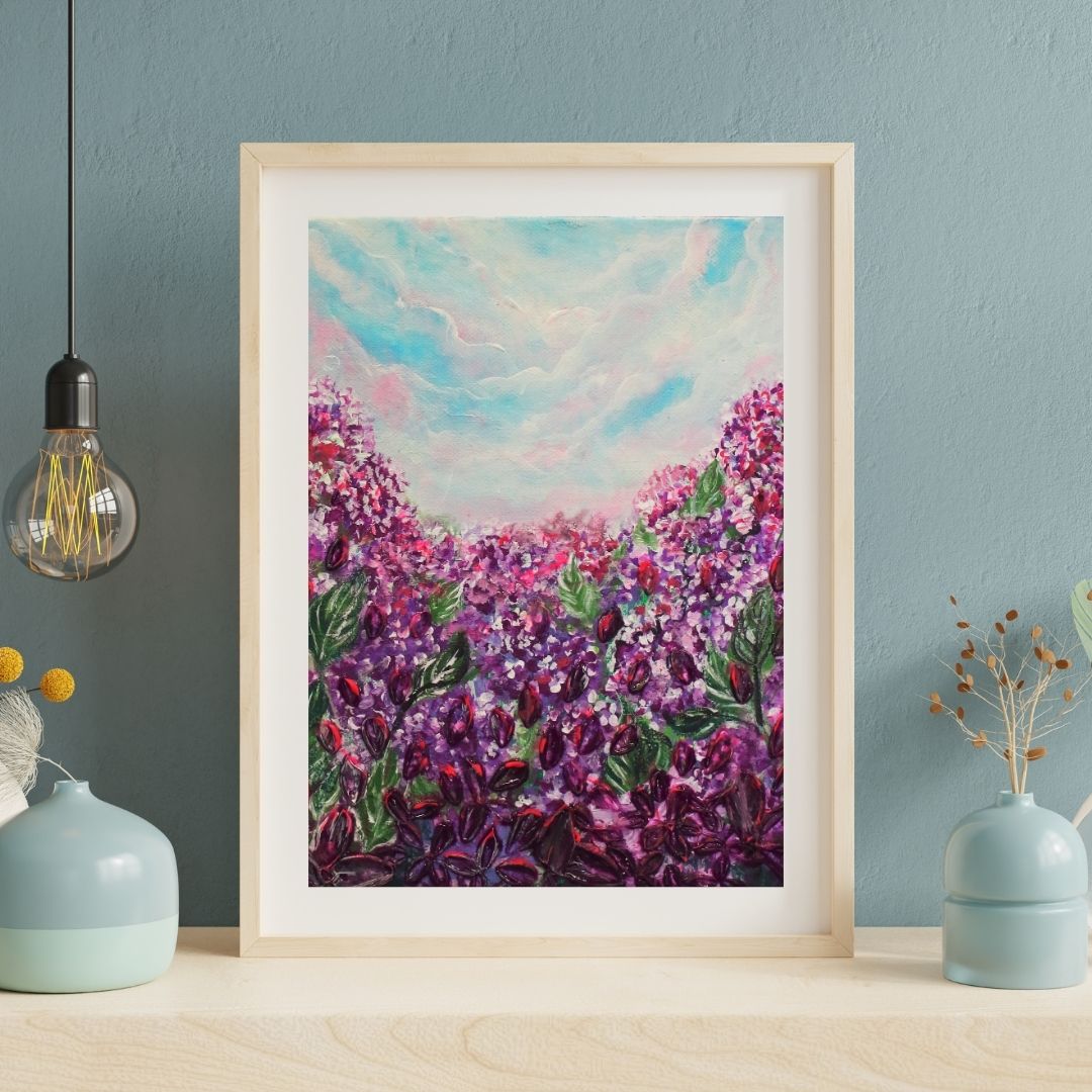Purple Phacelia wildflowers field  Heavy 3D textured artwork 8x10in Framed