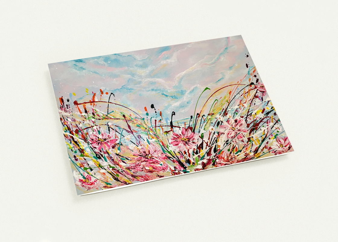 A6 GREETING CARD - BEACH FLOWERS MEADOW PINK BLUE