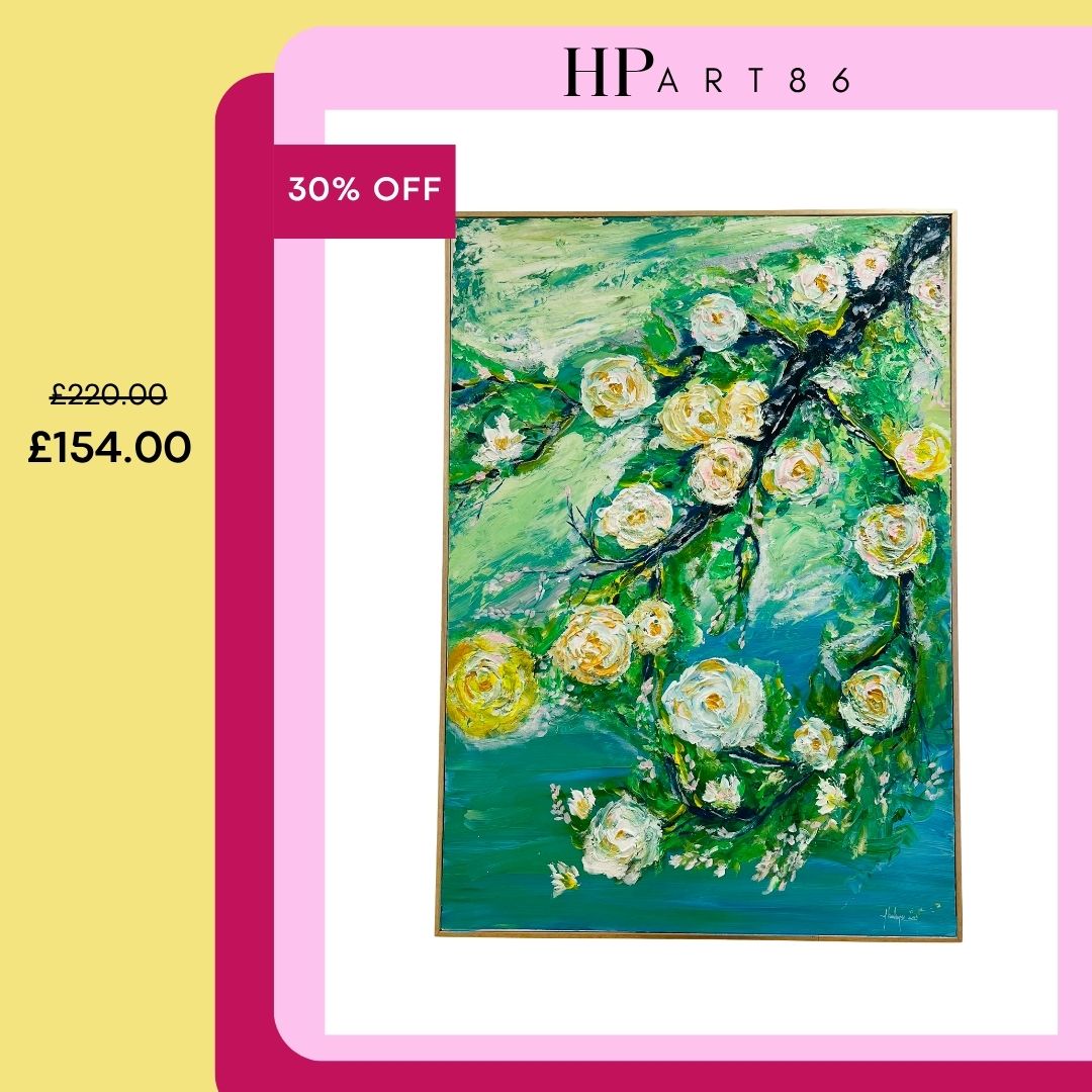 WHITE ROSES FRAMED Abstract texture hand painting original abstract Green Wall Art Decor