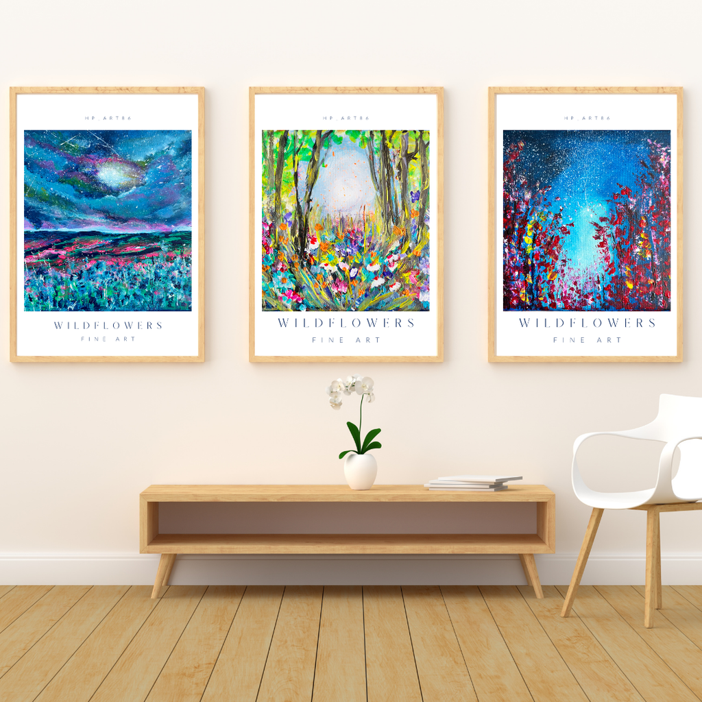 UNDER STARS Blue Night Sky Wildflowers Colourful Bright Up (Framed)