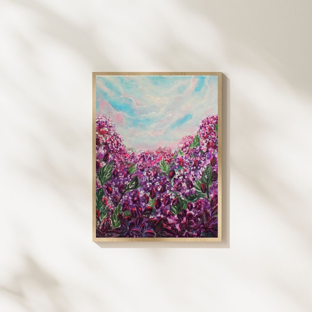 Purple Phacelia wildflowers field  Heavy 3D textured artwork 8x10in Framed