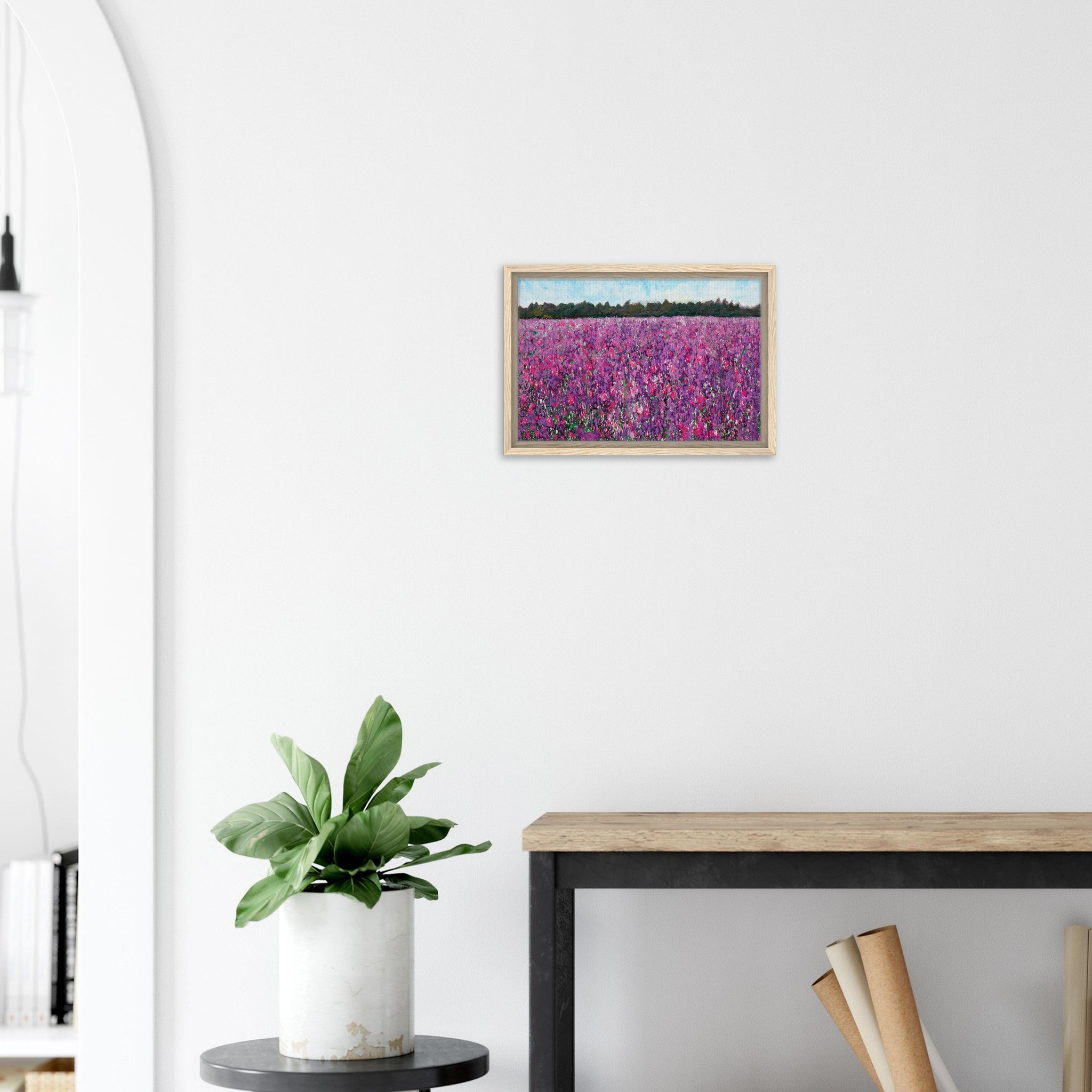 Framed Canvas Print: Pink & Purple Dead Nettle Field with Blue Sky