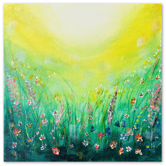 SQUARE 10x10cm GREETING CARD - BRIGHT COLOUR GREEN FLOWER FIELD