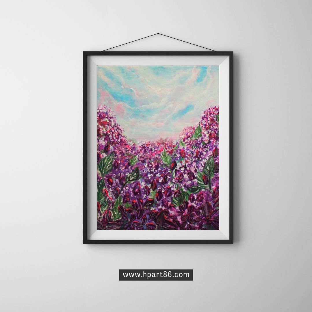 Purple Phacelia wildflowers field  Heavy 3D textured artwork 8x10in Framed
