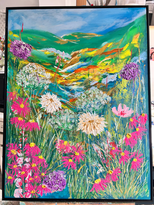 “Valley of Vibrant Blooms” Large texture wildflowers painting