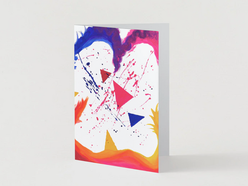 A6 greeting card front with bold colorful abstract triangle design