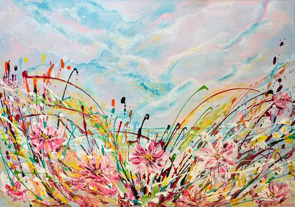 A6 greeting card featuring a vibrant, hand-painted meadow of pink flowers by the beach under a soft blue and pink sky.