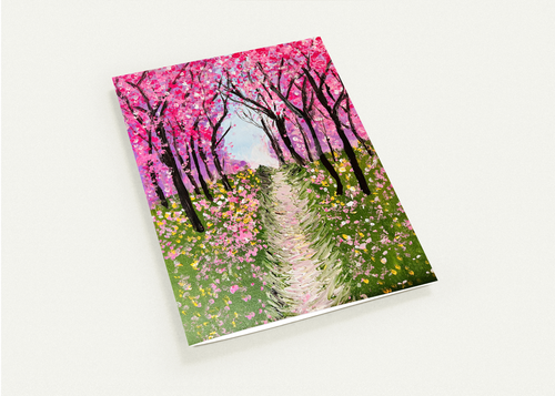 A6 greeting card front with cherry blossom path and pink flowering trees