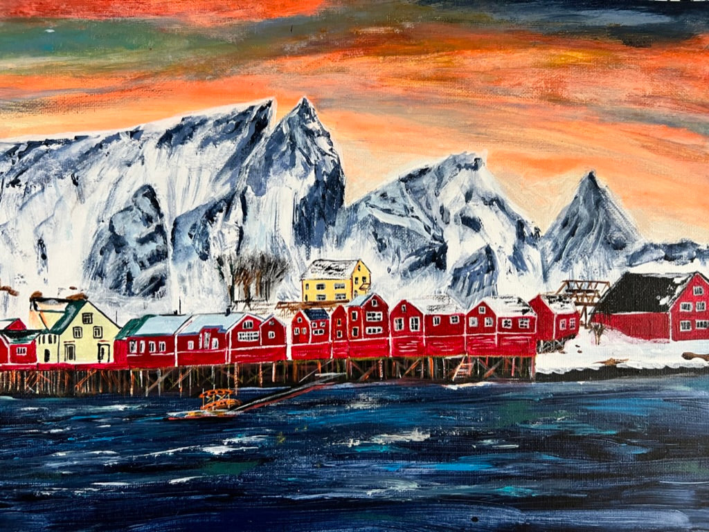 A6 greeting card featuring a hand-painted Norwegian fishing village with red houses, snowy mountains, and a vibrant sunset.