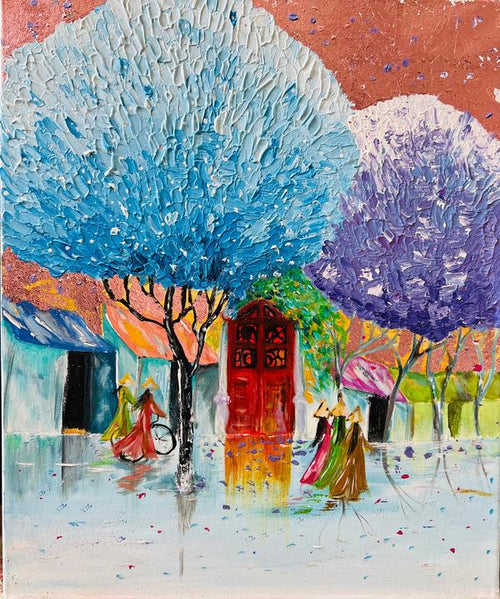 A6 greeting card featuring a textured painting of Hanoi old street with vibrant blue and purple trees and figures in traditional dress.