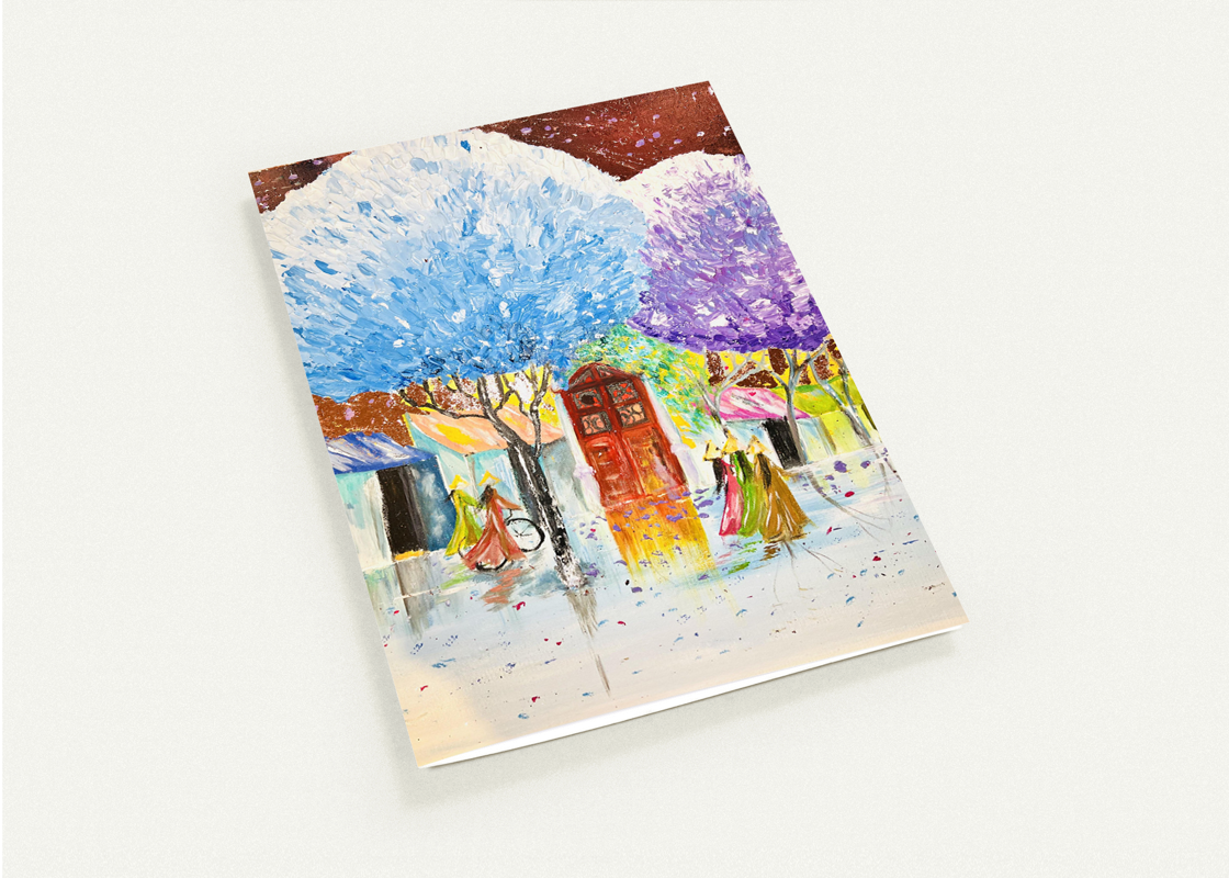 A6 greeting card with watercolor street scene, storefronts, trees, and colorful figures