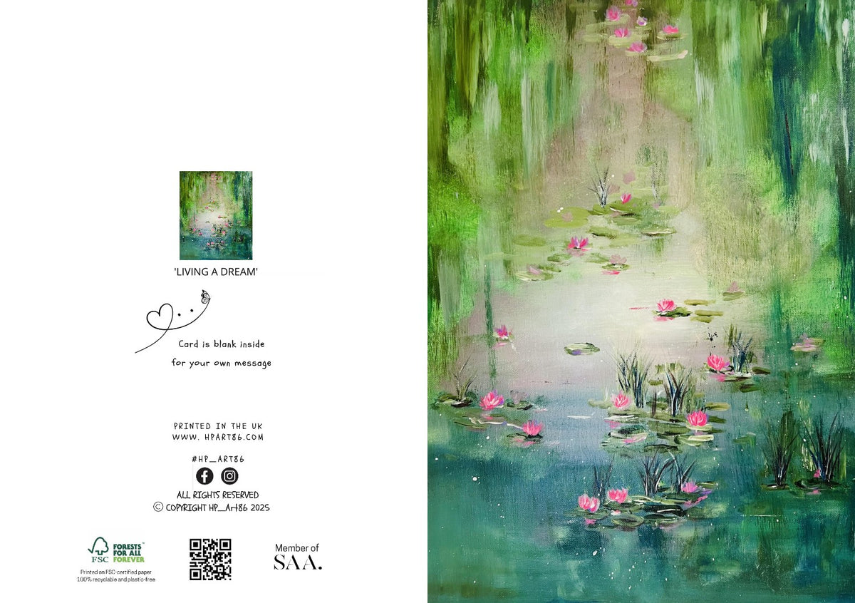 Greeting card with lily pond watercolor scene, pink blossoms, and printed message on back