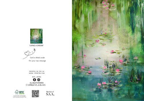 Greeting card with lily pond watercolor scene, pink blossoms, and printed message on back