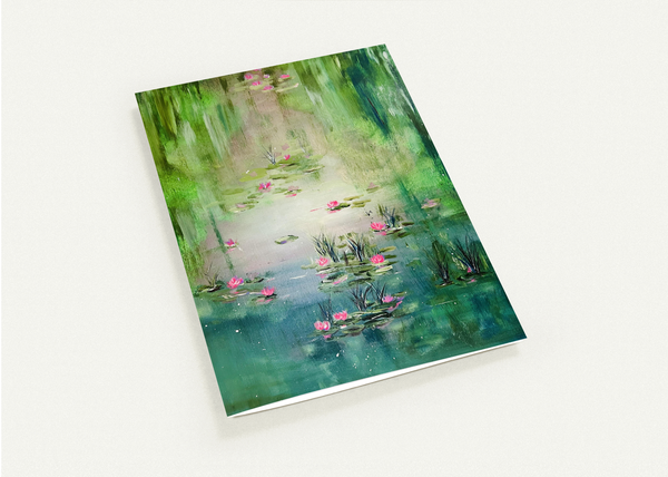 Greeting card front with green lily pond watercolor, pink flowers on calm water