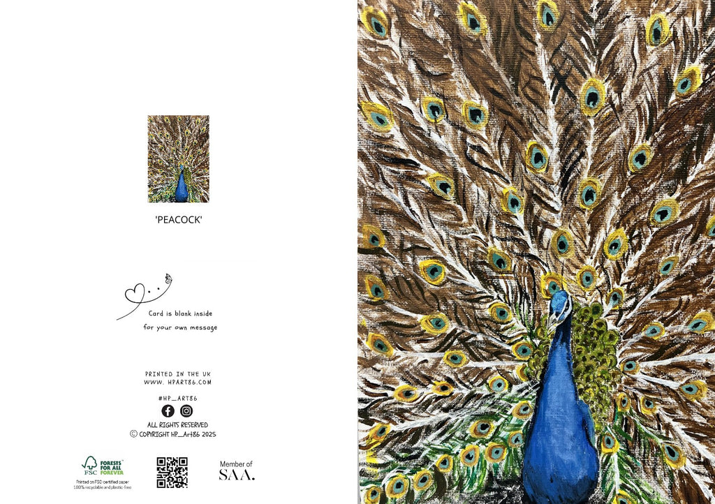 Peacock feather greeting card with blue bird and colorful eye-feather pattern
