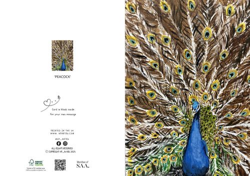 Peacock feather greeting card with blue bird and colorful eye-feather pattern