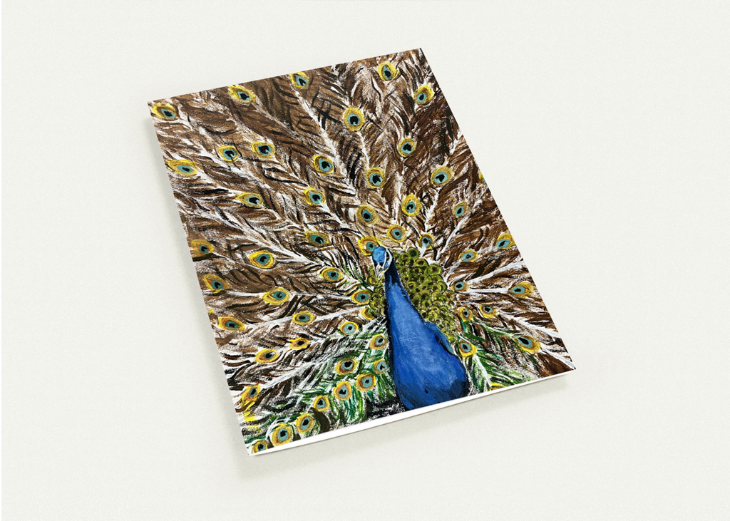 Peacock themed greeting card, blue bird centered on multicolor feather pattern
