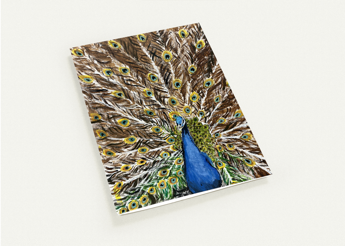Peacock themed greeting card, blue bird centered on multicolor feather pattern