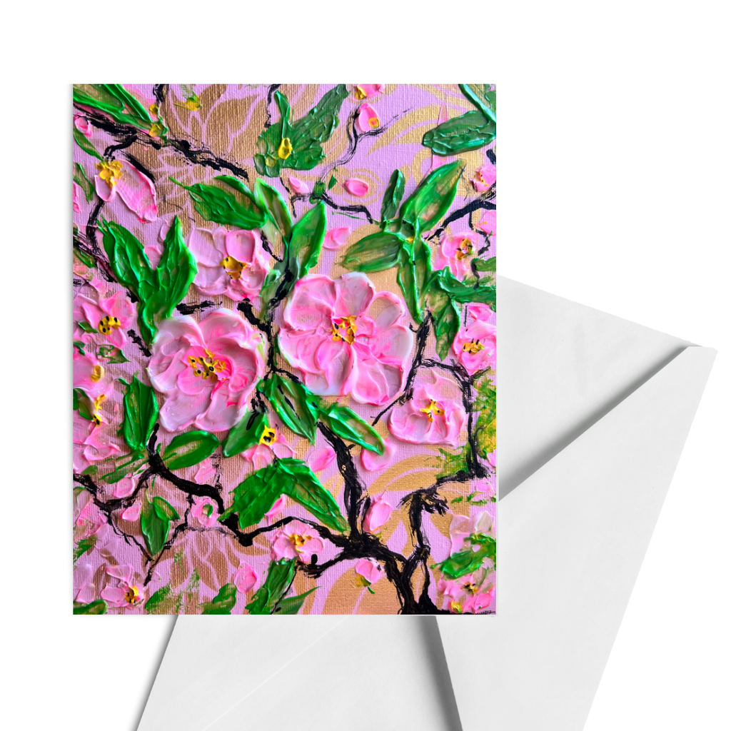 Textured floral greeting card with pink cherry blossoms, green leaves, and tree branches
