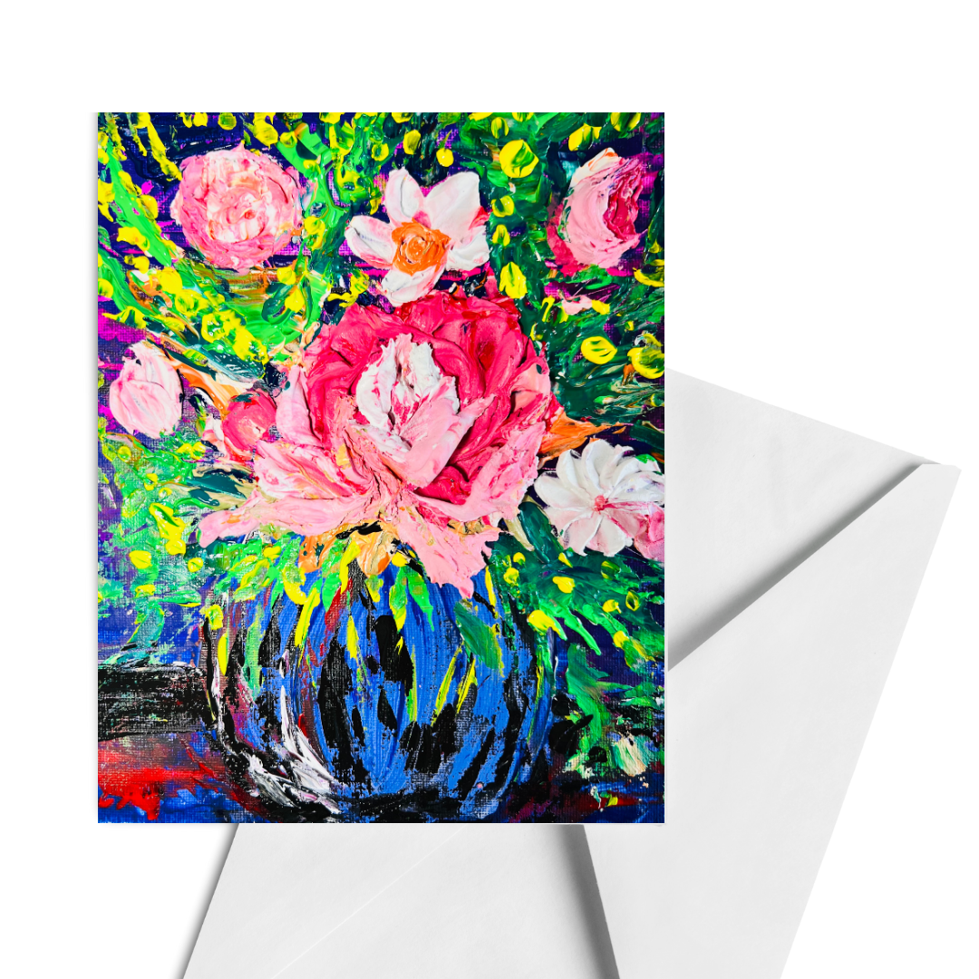A6 greeting card with colorful textured flower vase artwork