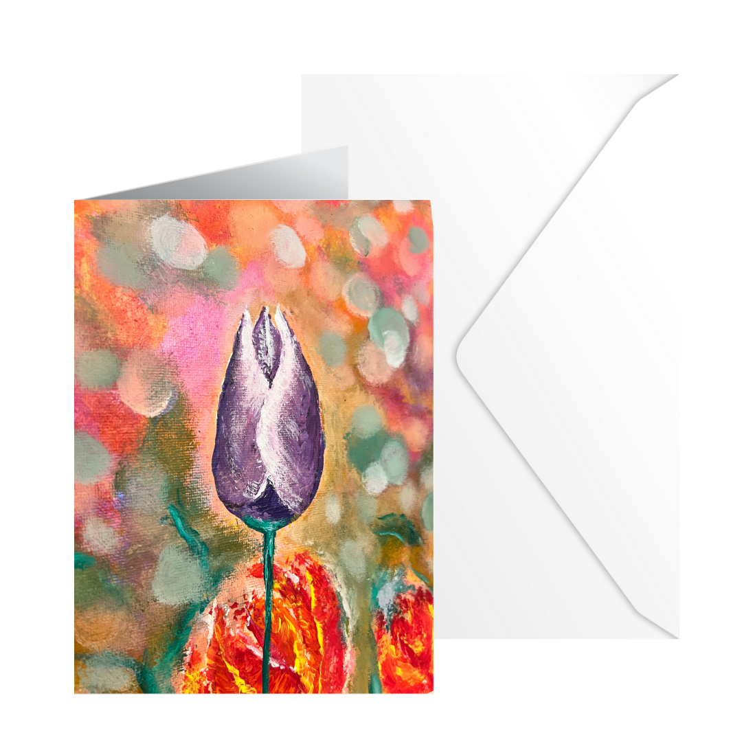 A6 greeting card with purple tulip flower artwork