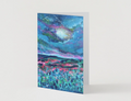 A6 folded greeting card featuring a vibrant, hand-painted night sky landscape with blue, pink, and purple starry textures.