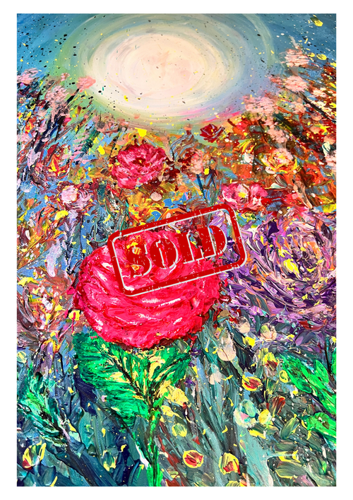 Floral painting with pink rose, green leaves, and red 'SUN' lettering near the bottom