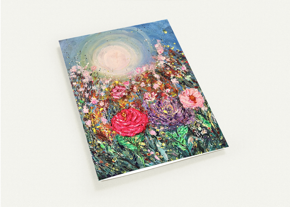 Floral greeting card with colorful field, bright sun, and pink rose artwork