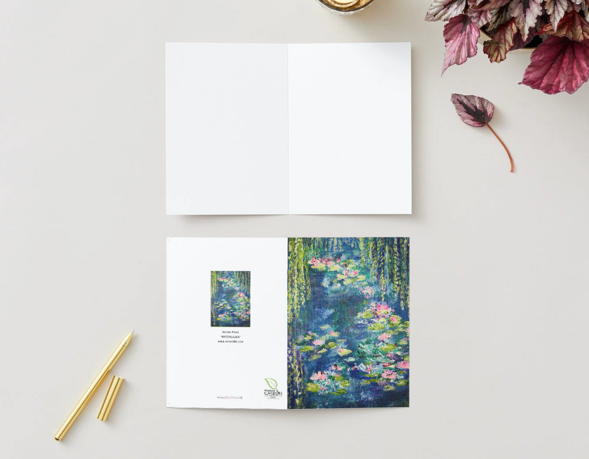A6 horizontal greeting card featuring a hand-painted waterlilies pond design with a blank interior and premium satin finish.
