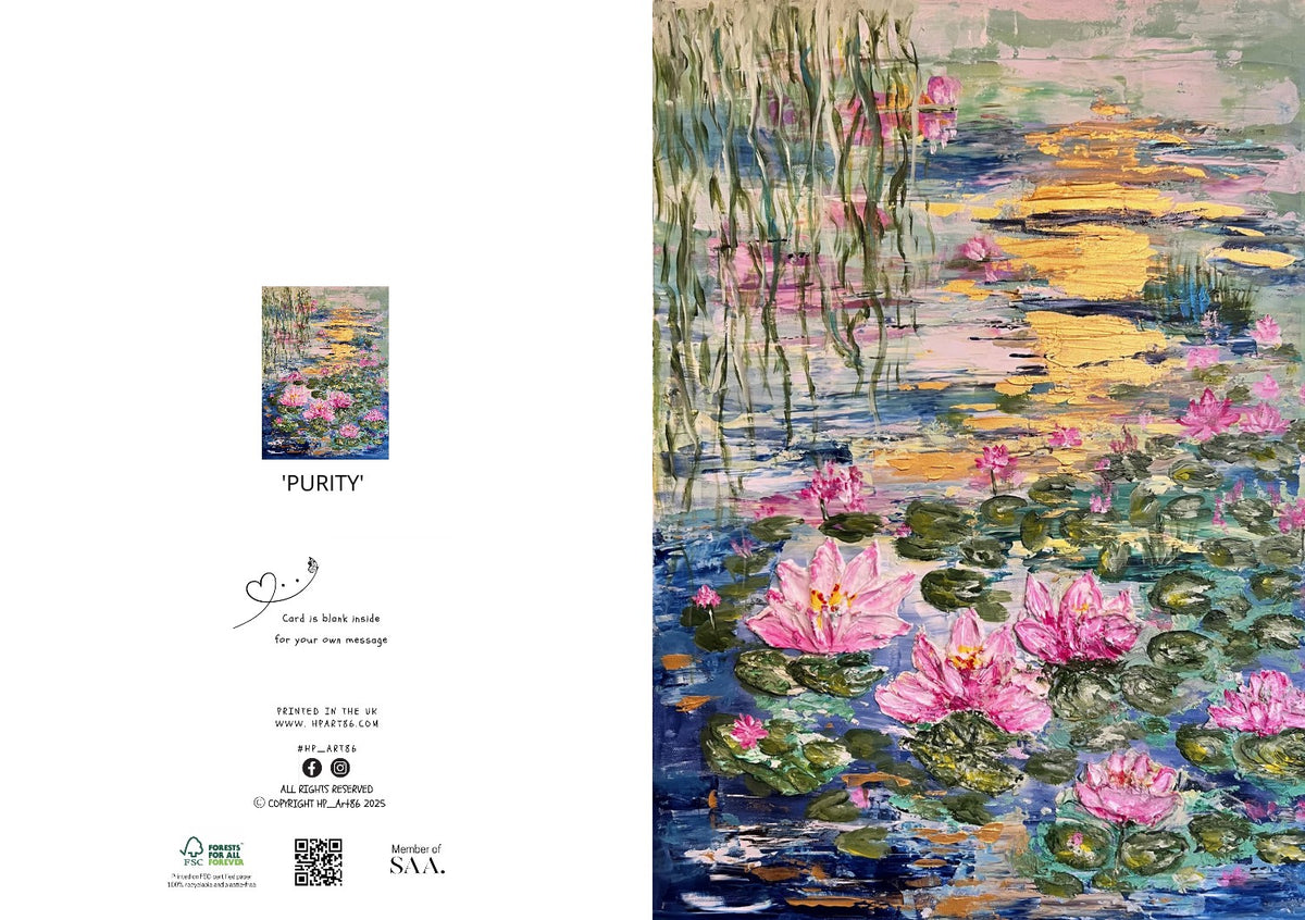 Greeting card with colorful water lilies and pond illustration, plus small message on interior