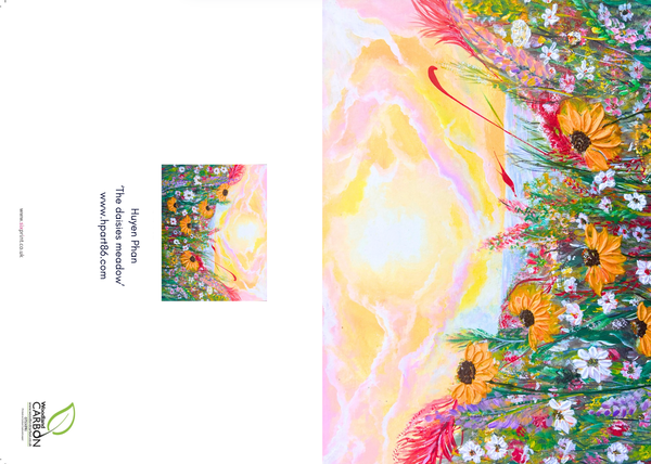 A6 horizontal greeting card featuring a vibrant hand-painted meadow of yellow daisies and wildflowers with a bright sunset sky.