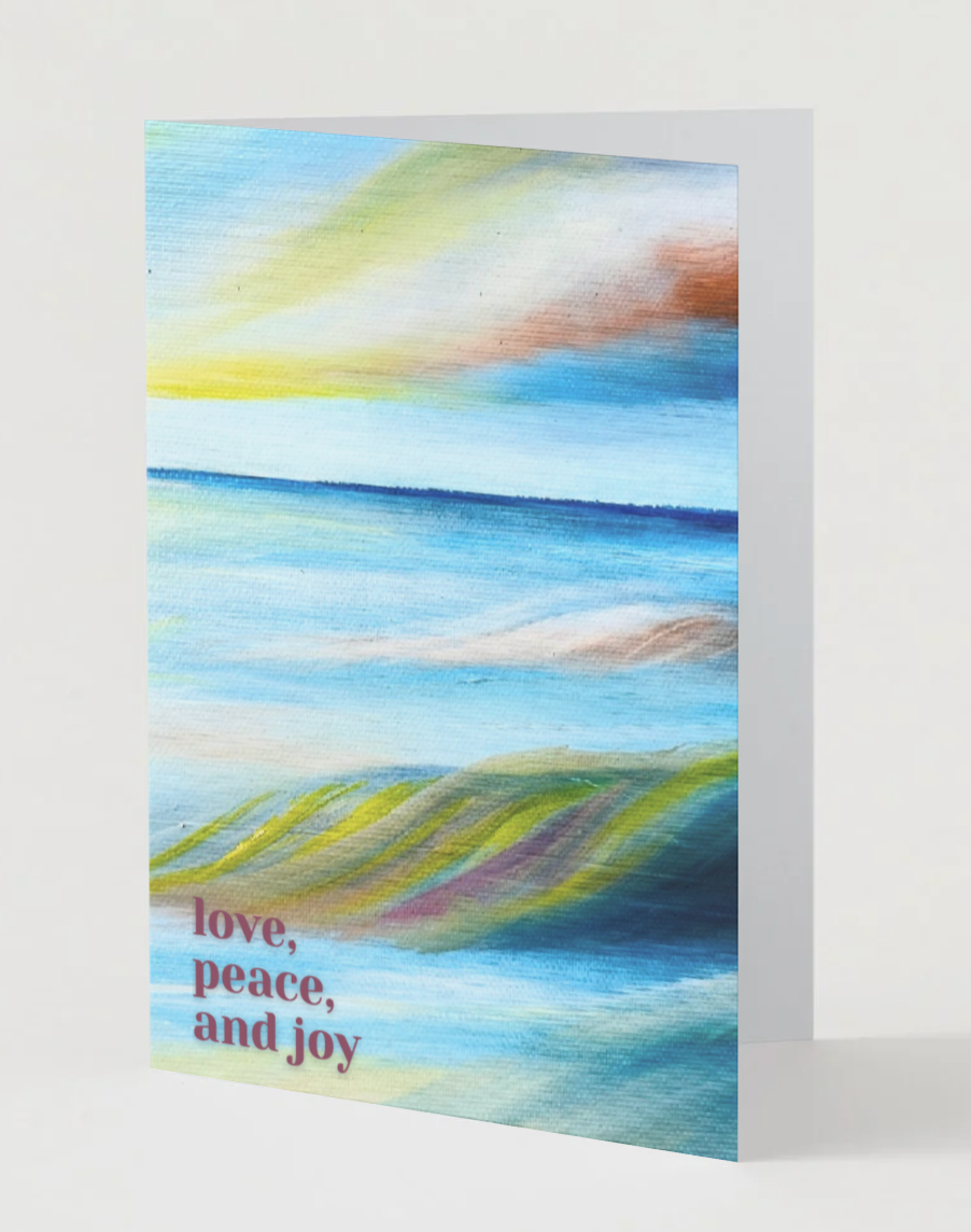 A6 Christmas card, abstract landscape front with 'love, peace, and joy'