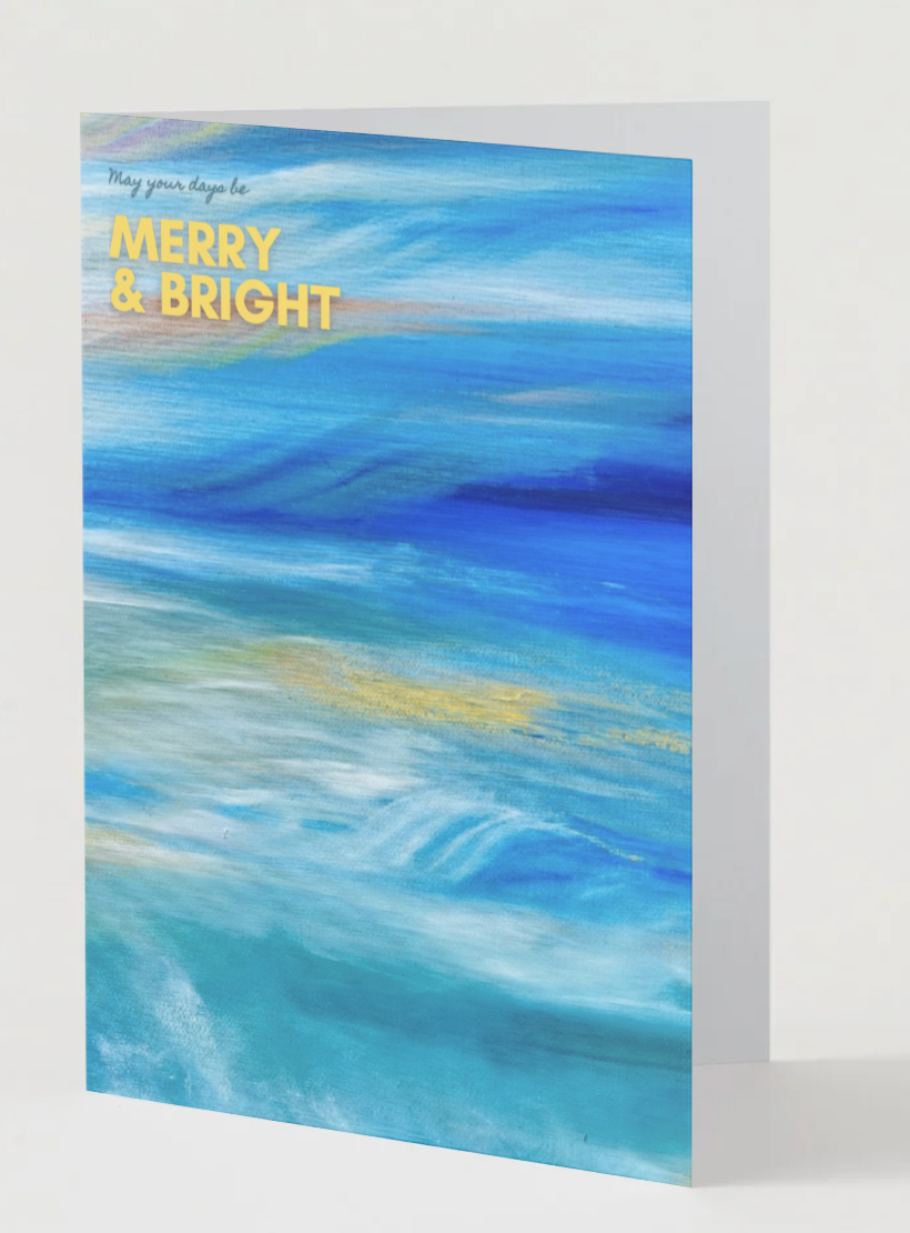 A6 Christmas card, blue abstract front with 'MERRY & BRIGHT' lettering