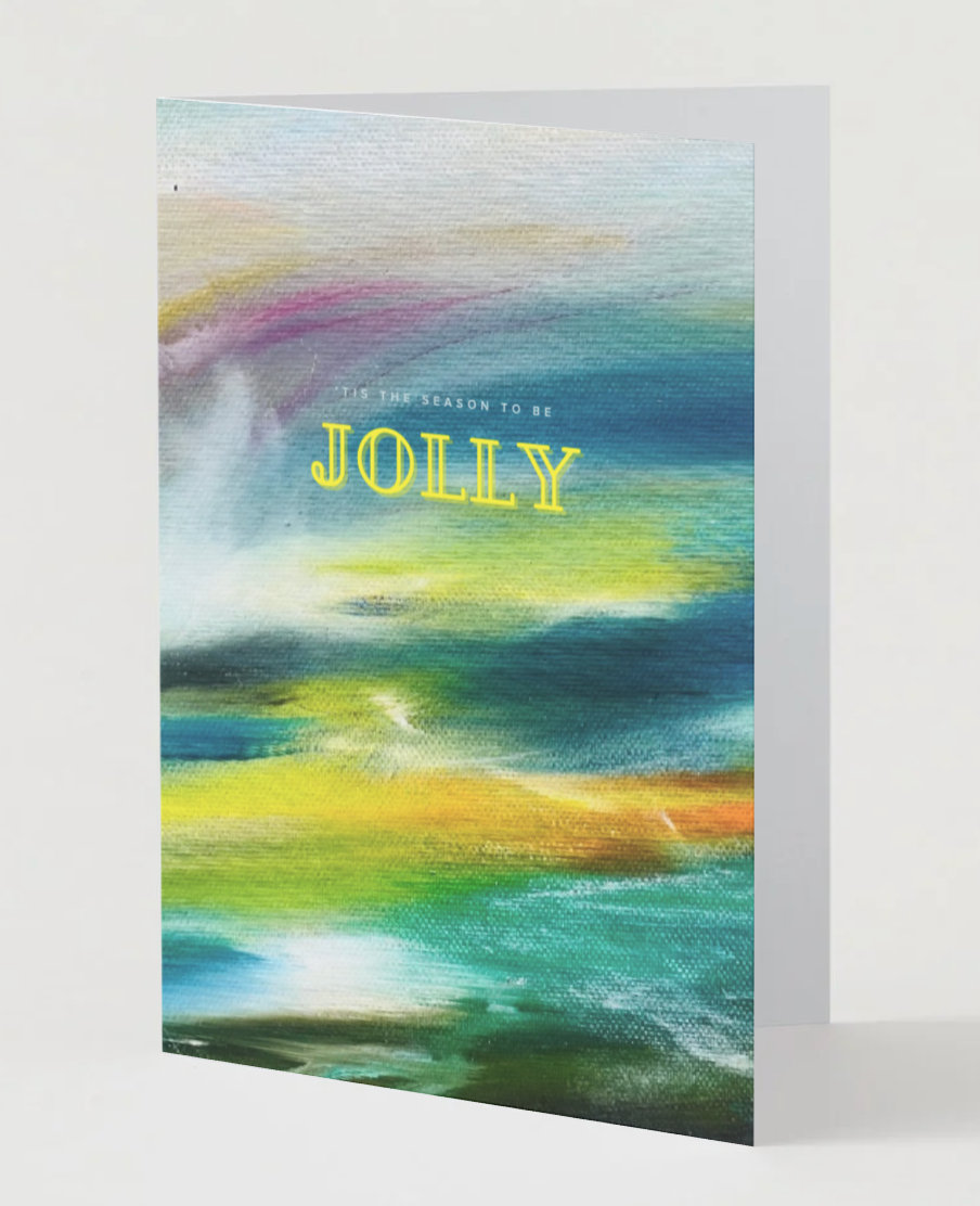 A6 Christmas card, teal and yellow abstract front with 'JOLLY' text