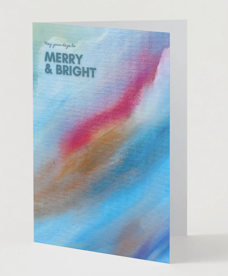 A6 Christmas card, blue abstract front with 'MERRY & BRIGHT' lettering