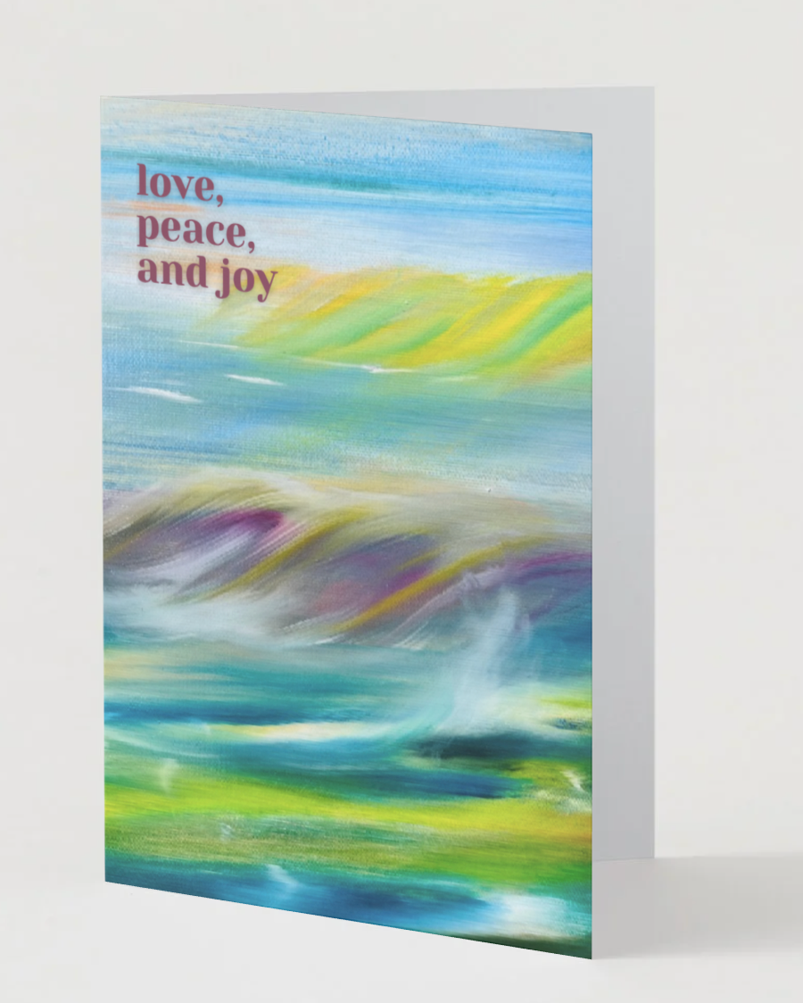 A6 Christmas card, blue and green abstract front with 'love, peace, and joy' text
