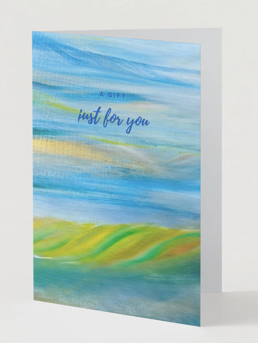 A6 Christmas card, blue and green abstract front with 'just for you' message