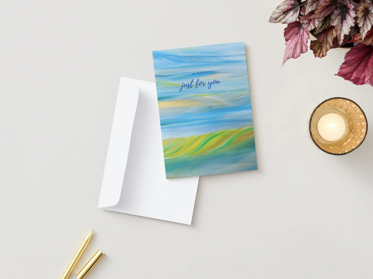 A6 fold greeting card, blue abstract landscape with “just for you” on cover