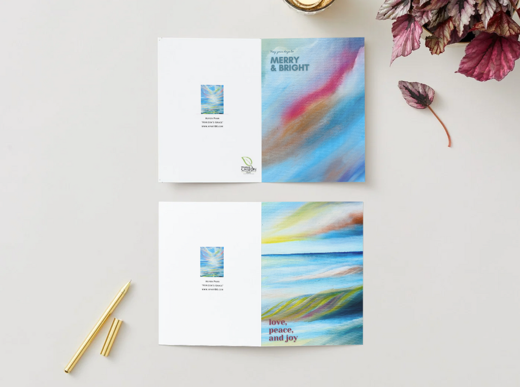A6 Christmas cards with white envelopes, featuring abstract blue front greetings