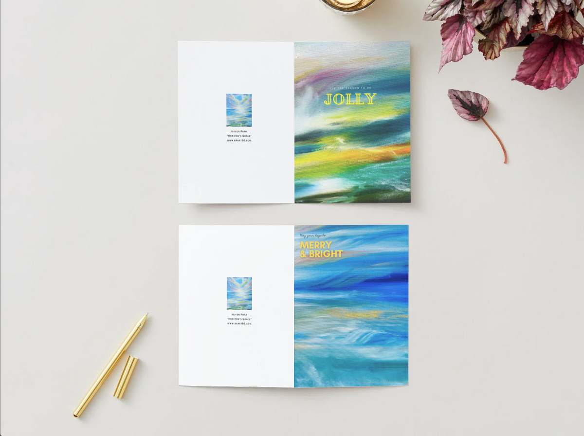 A6 greeting card set: two folded cards, blue artwork with “JOLLY” and “MERRY & BRIGHT”