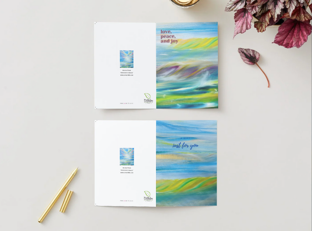 A6 greeting card set: two folded cards, blue abstract landscape with “love, peace and joy”