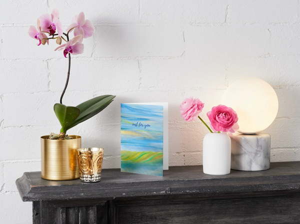 A6 greeting card, blue abstract landscape with “just for you” on cover