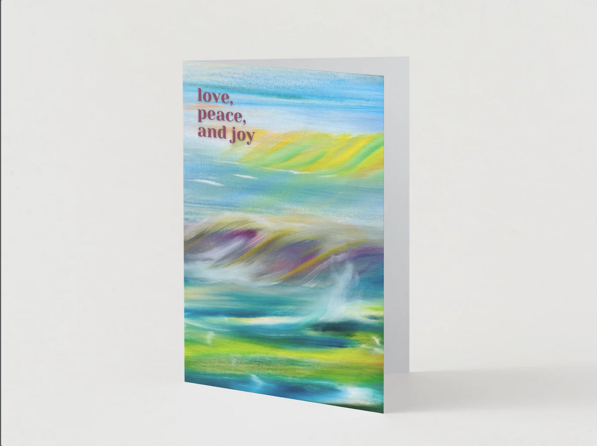 A6 Christmas card, blue and green abstract front with 'love, peace, and joy'