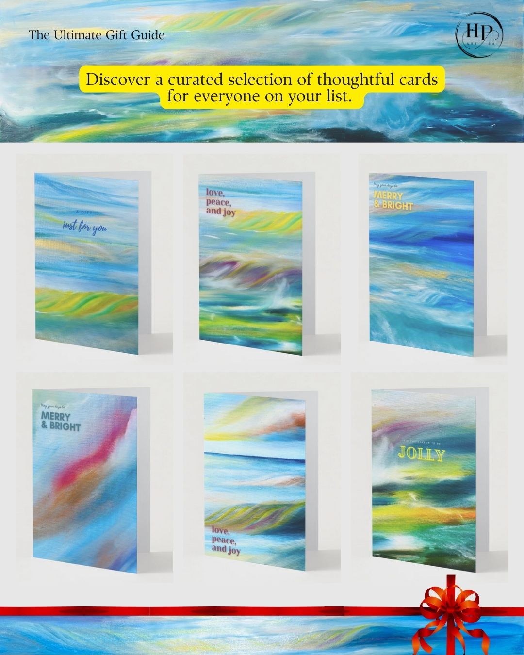 A6 Christmas card set, abstract blue landscape fronts with different festive messages