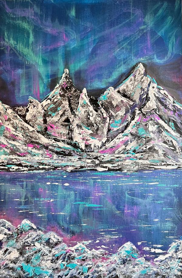 Abstract mountain landscape painting with water reflection in dark blue and neon accents